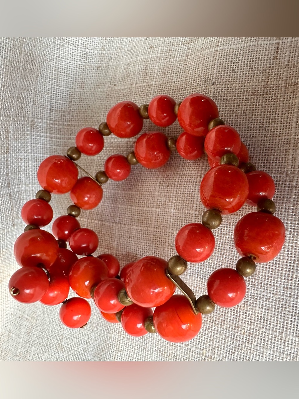 Vintage Salmon Red Beaded Coil Wrap Bracelet Boho Chunky Bangle Cuff